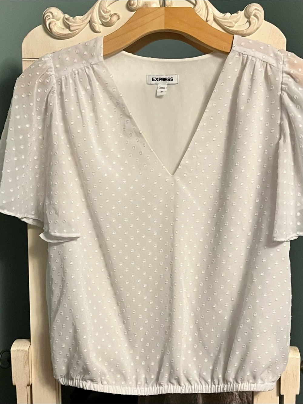 Express White Swiss Dot V-Neck Flutter Sleeve Top